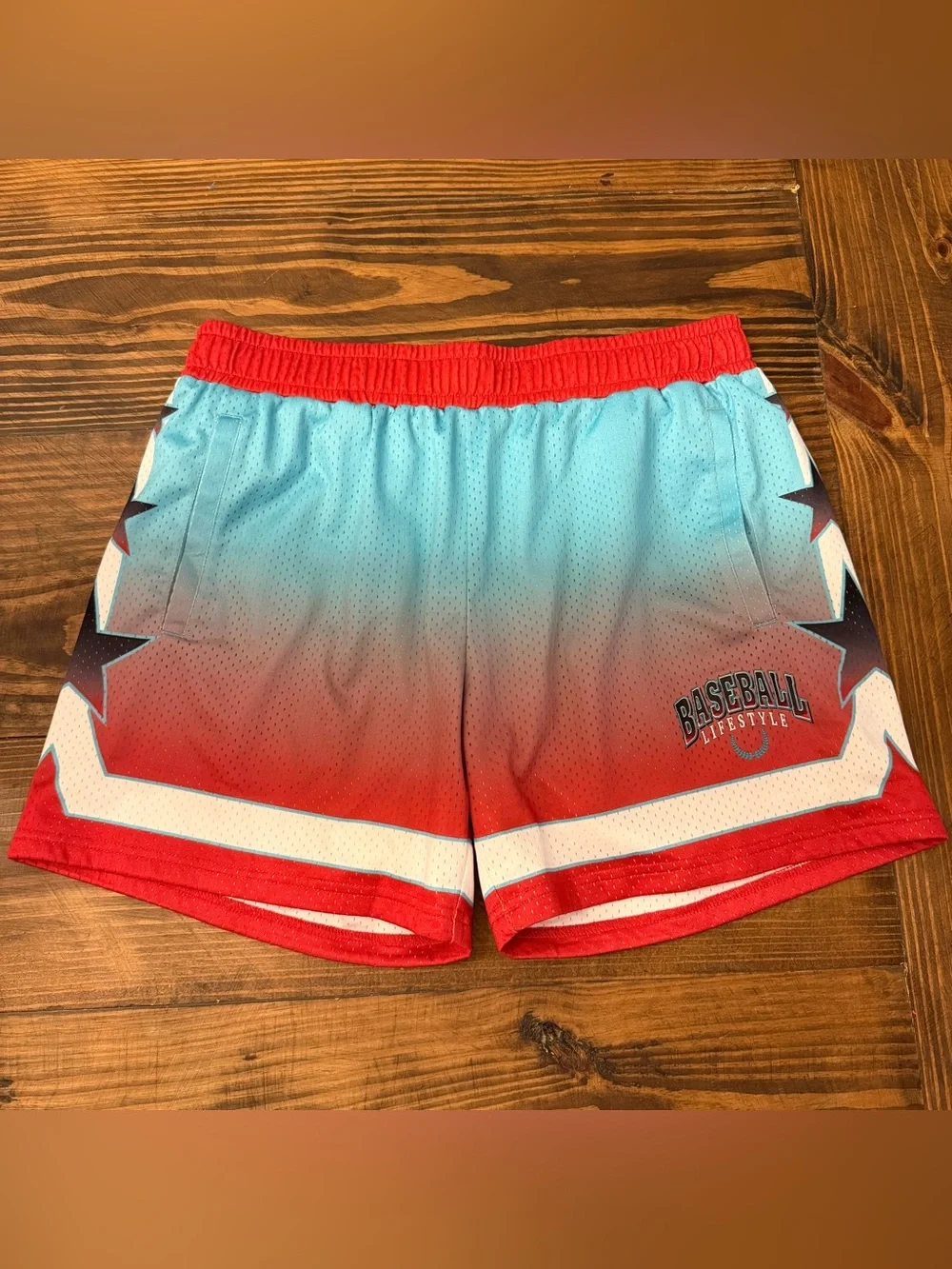 Baseball Lifestyle Men's Gradient Athletic Shorts in Light Blue and Red